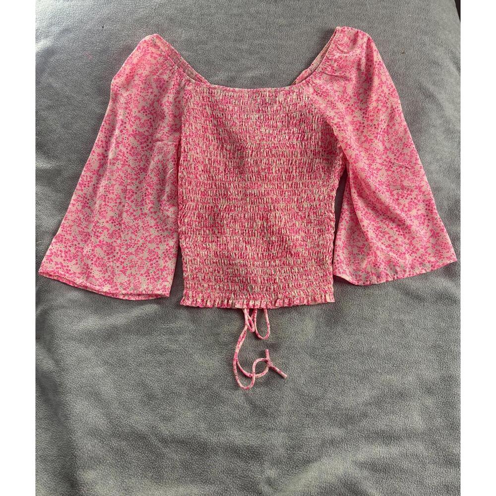 pink floral‎ smocked blouse cottagecore ruched tie front top xs - Picture 4 of 9